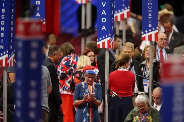 Delegates begin to fill Quicken Loans Area prior to the start of the first day of the 2016 Republican National Convention in Cleveland.