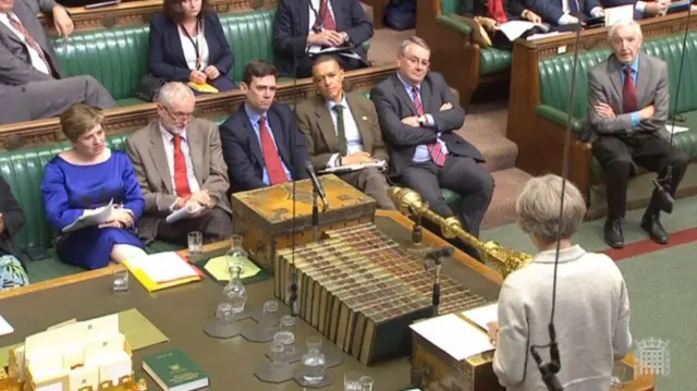 Labour front bench listening to Theresa May speaking in Commons