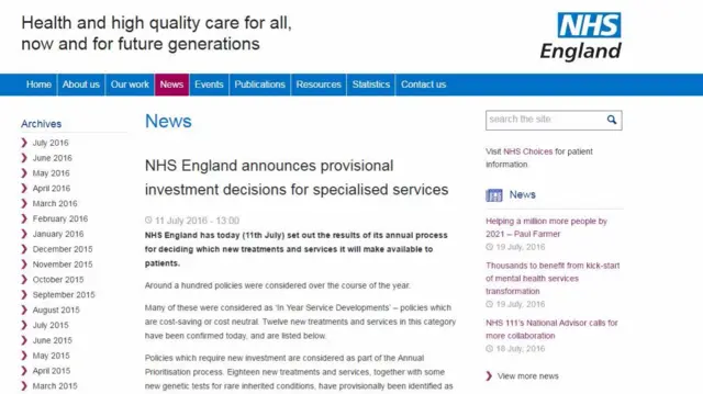 Screenshot of NHS website