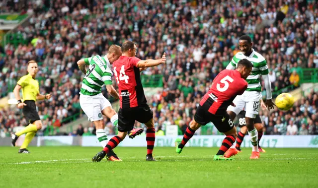 Leigh Griffiths smashes in the second goal of the evening for Celtic