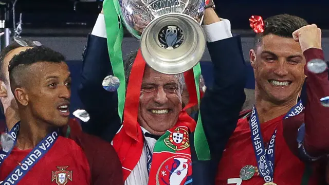 Fernando Santos with the Euro 2016 triphy