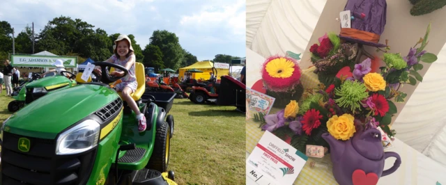 Child on tractor and mad hatter display