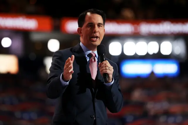 Wisconsin Gov. Scott Walker delivers a speech on the third day of the Republican National Convention.