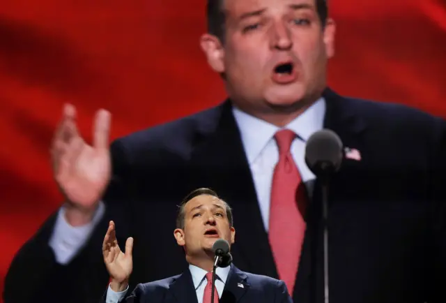 Senator Ted Cruz the delegates during the third day session of the Republican National Convention.