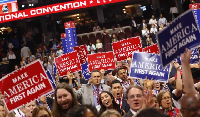 Delegates cheer at the start of the third day of the Republican National Convention in Cleveland.