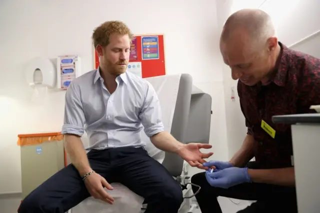 File photo dated 14/07/16 of Prince Harry having a HIV test during a visit to the Burrell Street Sexual Health Centre in Southwark, London.