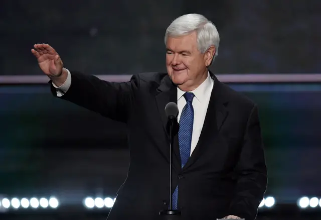 Former Speaker of the House Newt Gingrich tests the speaking setup before the third day session of the Republican National Convention.