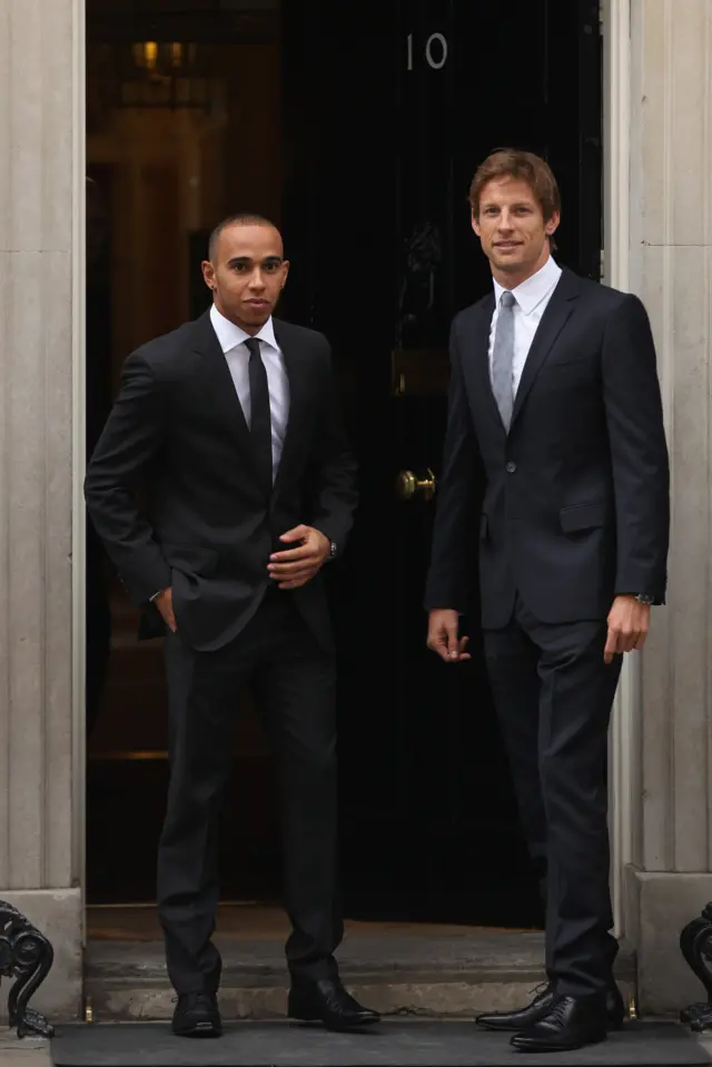 Lewis Hamilton and Jenson Button outside 10 Downing Street