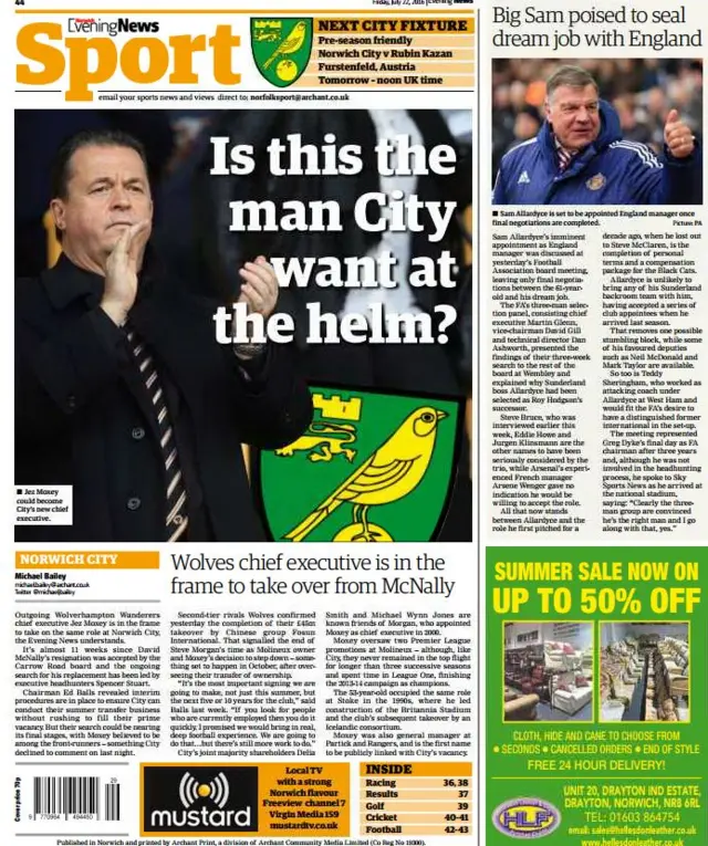 Back page of Norwich Evening News