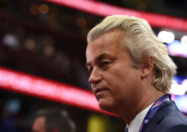 Dutch politician Geert Wilders is seen on the convention floor before the start of the second day of the Republican National Convention.