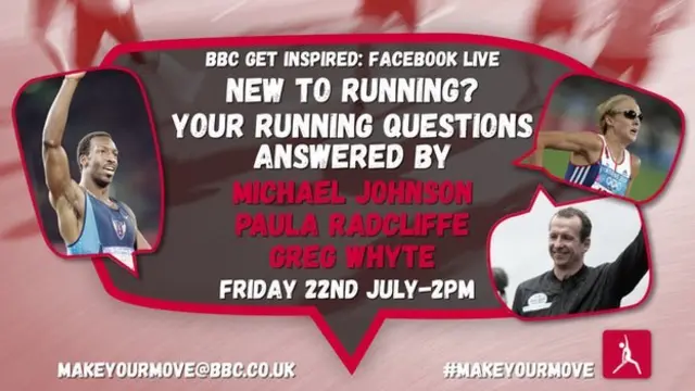 Michael Johnson, Paula Radcliffe & Greg Whyte Facebook Live graphic