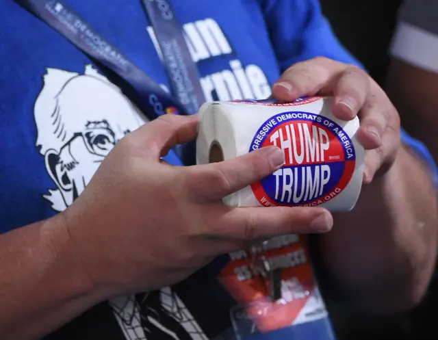 "Thump Trump" stickers ready to be handed out to delegates on the convention floor