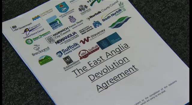 Pamphlet for the East Anglian devolution agreement showing councils logos