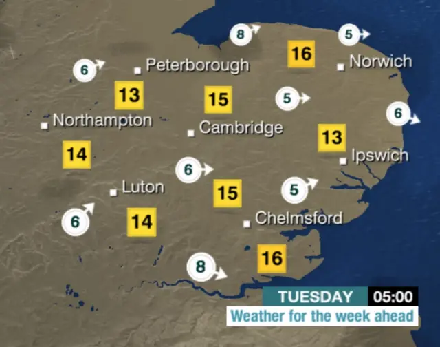 Weather chart for Tuesdasy 05:00 showing temperatures of 16(C) over Norfolk