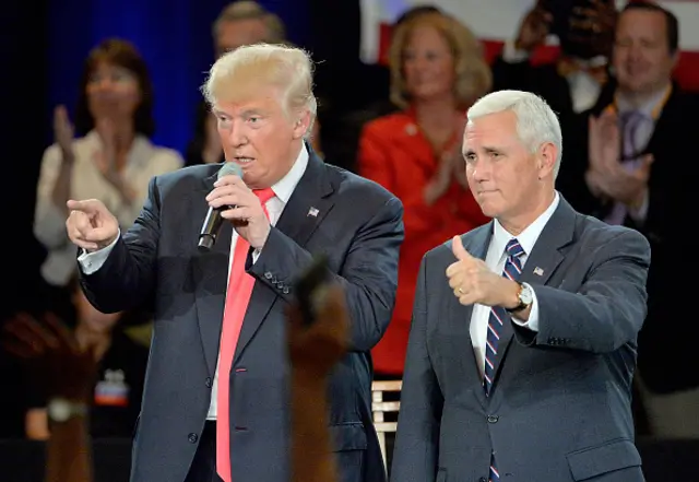 Donald Trump and Mike Pence take questions from the audience during a campaign stop on Monday