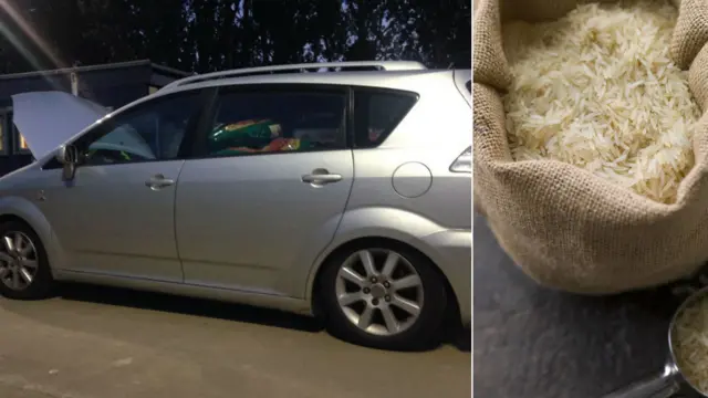 The car police stopped full of rice, left, a bag of basmati rice, right