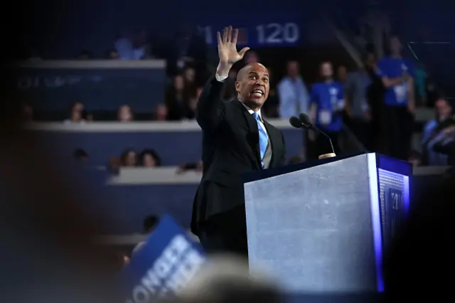 Cory Booker addresses the convention hall