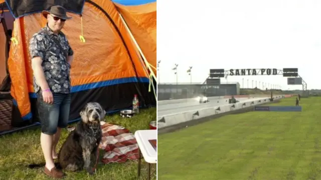 David Smith with guide dog Darcie, left, Santa Pod raceway, right