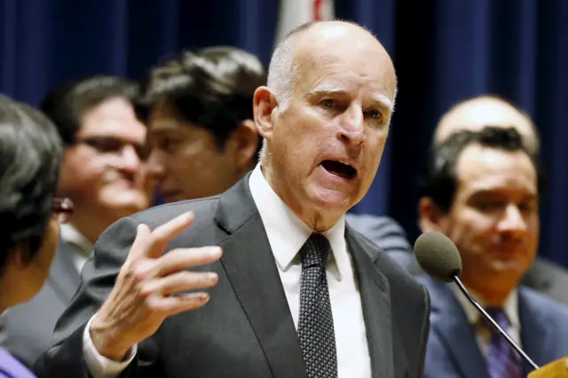 California Governor Jerry Brown speaks in Los Angeles, California.