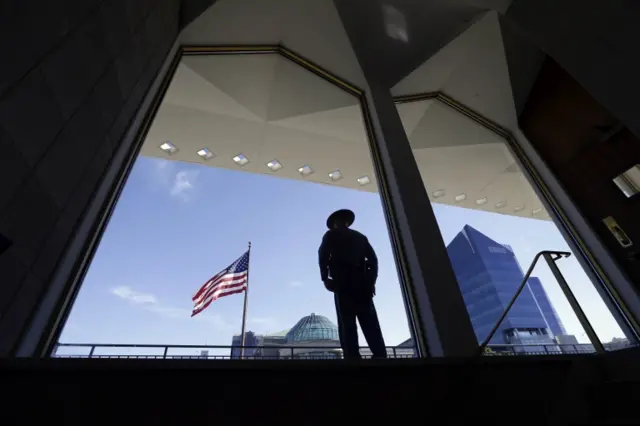 A police officer outside the North Carolina state legislature in Raleigh