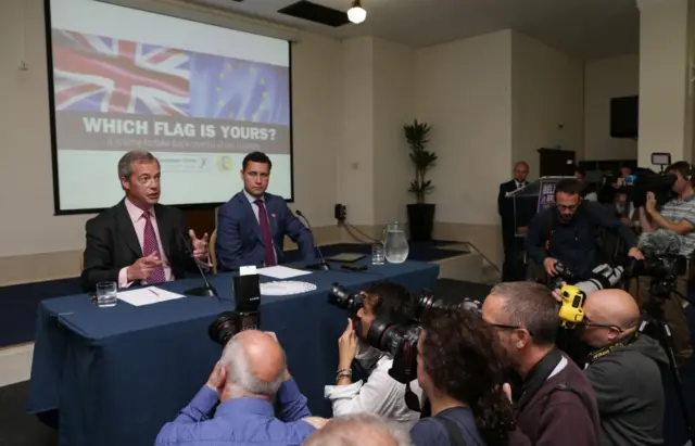 Steven Woolfe (right) with Nigel Farage at press conference during the EU referendum