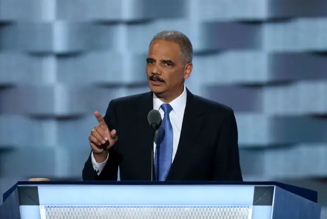 Former U.S. Attorney General Eric Holder speaks during the Democratic National Convention.