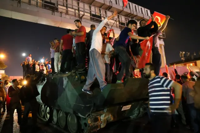 People occupy a tank in Istanbul, Turkey - Saturday 16 July 2016