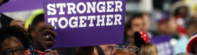 Delegates hold up signs to show their support for Democratic Presidential candidate Hillary Clinton during the third day session of the Democratic National Convention.