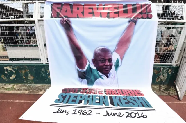 A banner in tribute to late football legend Stephen Keshi in Ogbe Stadium, Benin City, Nigeria - 28 July 216