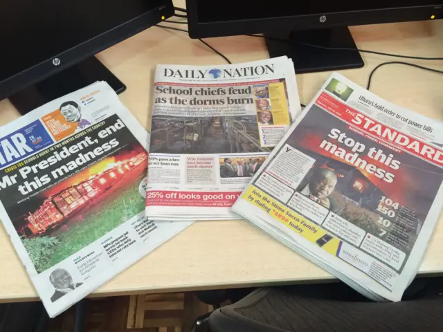 Kenya's newspapers are leading a calling on the government to find a solution to the school fires.