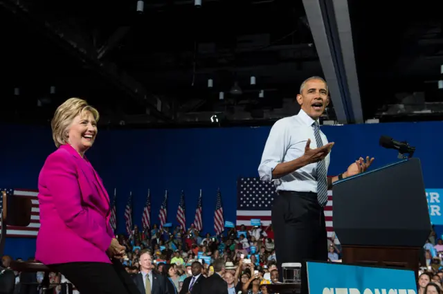 President Barack Obama speaks at a campaign event for Democratic presidential candidate Hillary Clinton.