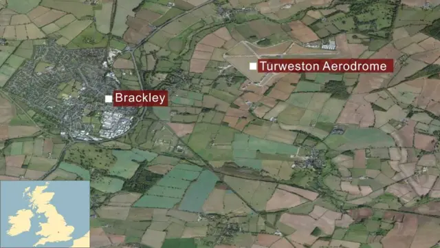 Map shows position of Turweston Aerodrome to Brackley