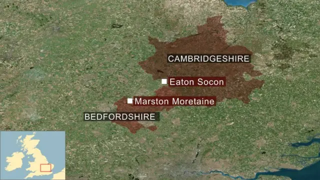 Map showing the crashes in Marston Moretaine and Eaton Socon