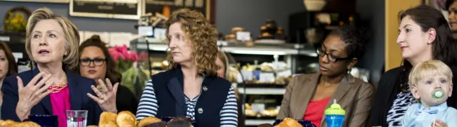 Hillary Clinton meets with small business owners in Stone Ridge, Virginia.