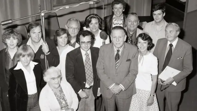 William Smethurst (centre in glasses) with the cast of The Archers in 1978