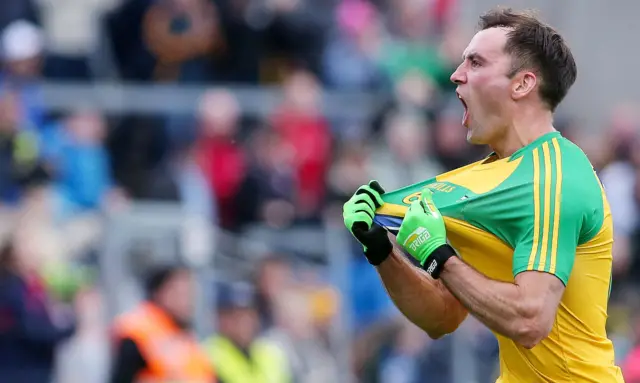 Donegal's Karl Lacey celebrates victory over Monaghan in the first semi-final replay