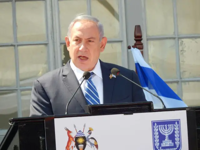 Israel Prime Minister Benjamin Netnayahu speaking in Uganda.