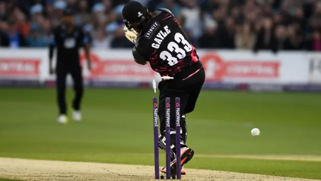 Chris Gayle bowled by Tymal Mills