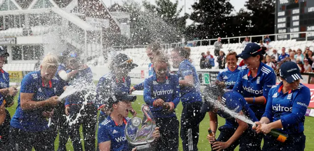 England women celebrate winning the one-day series