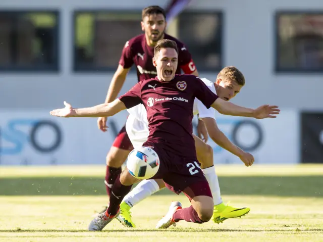 Hearts' Liam Smith (left) is tackled by Jevgeni Harin