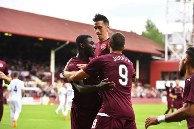 Hearts celebrate Prince Buaben's equaliser at Tynecastle