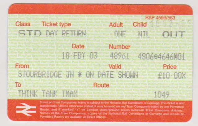 Train ticket from Stourbridge Junction to the Think Tank museum in Birmingham
