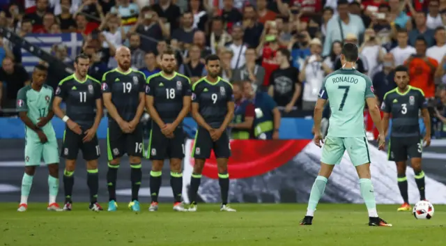 Cristiano Ronaldo lines up a free kick