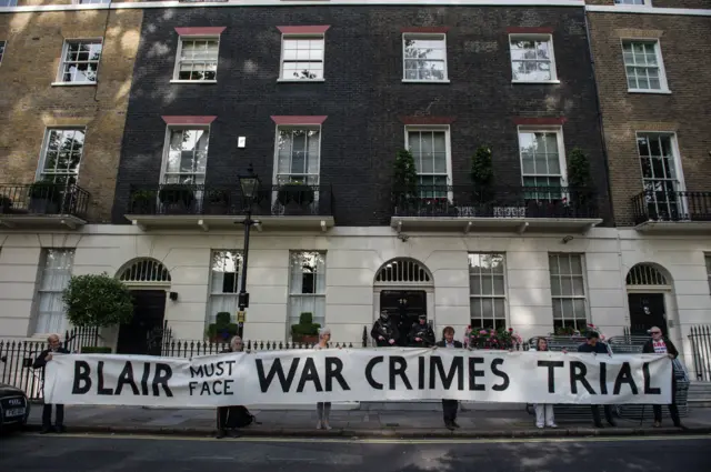 Protesters outside Tony Blair's London home