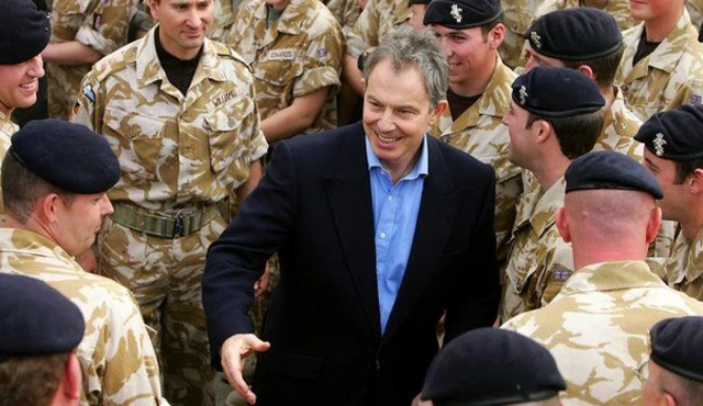 Tony Blair visiting troops in Basra in 2004