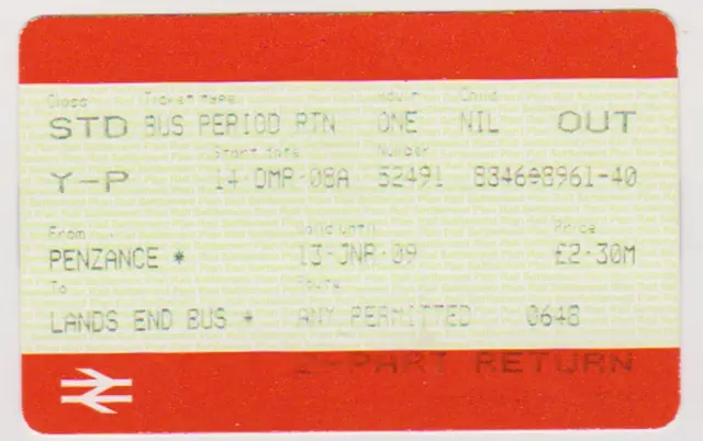 Bus journey, Penzance to Lands End ticket