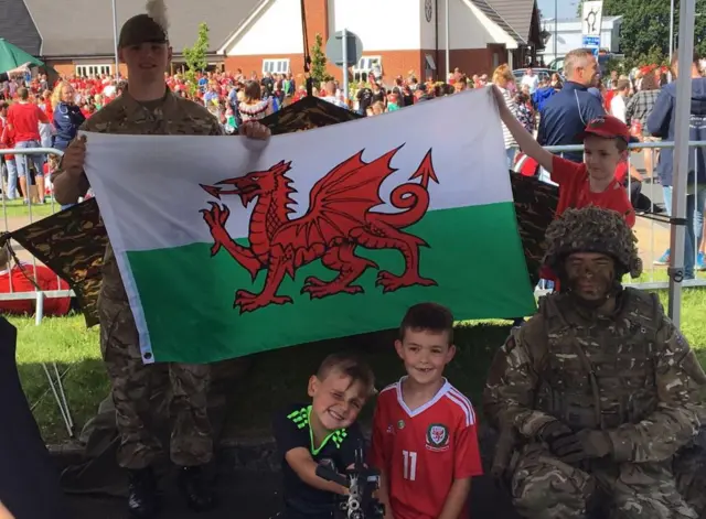 Royal Welsh soldiers with children at Cardiff City Stadium