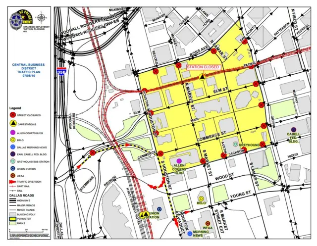 Map showing road closures in Dallas