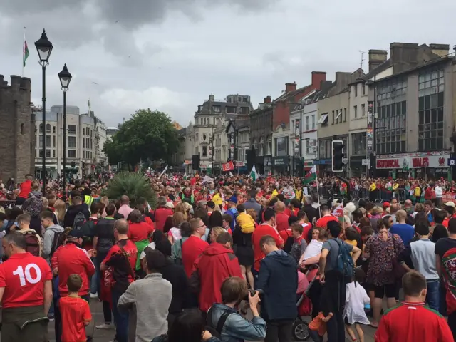 Crowd outside Cardiff castle