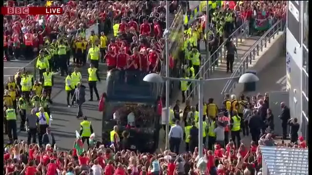 wales team on bus at Cardiff City stadium